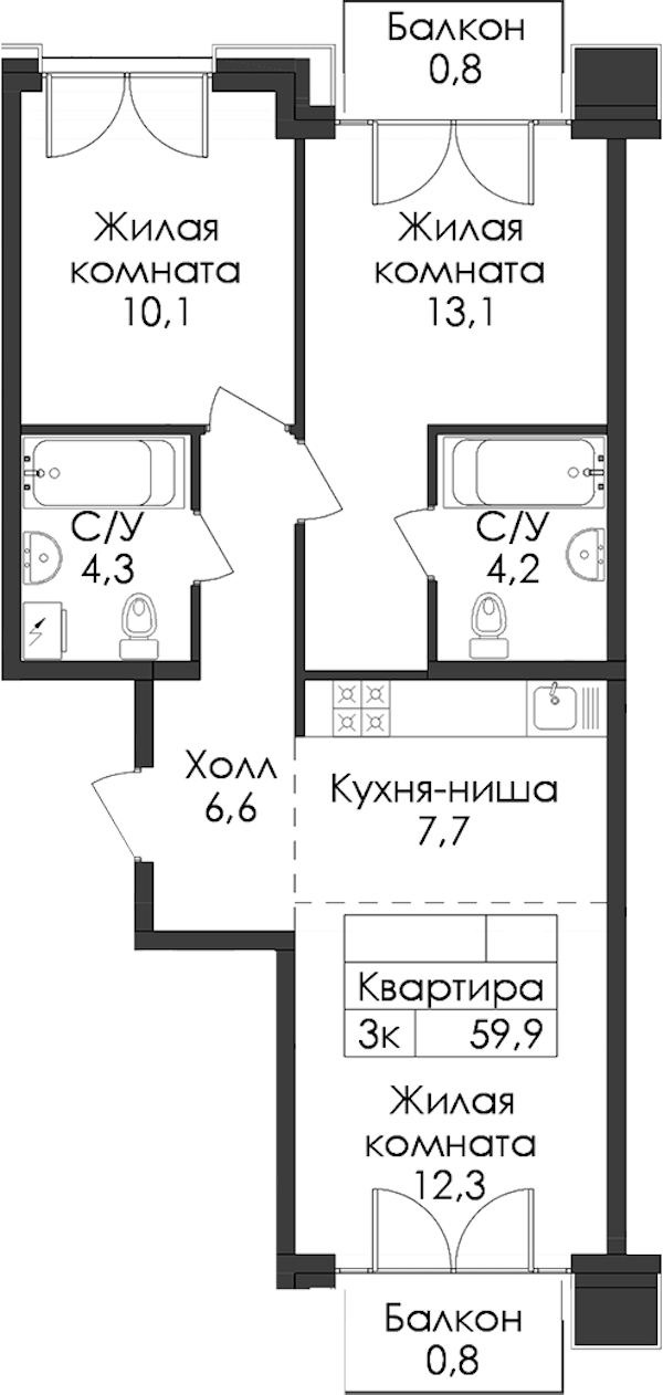 2-комнатная квартира 59.9 м², 7/9 эт., ЖК «Лермонтовский 54»